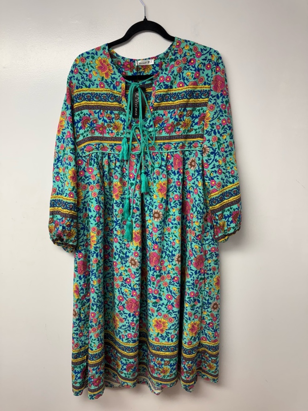 R Vivimos Boho Floral Midi Dress Womens M Teal Tassel Tie V Neck NWT Peasant A4 - Picture 8 of 15